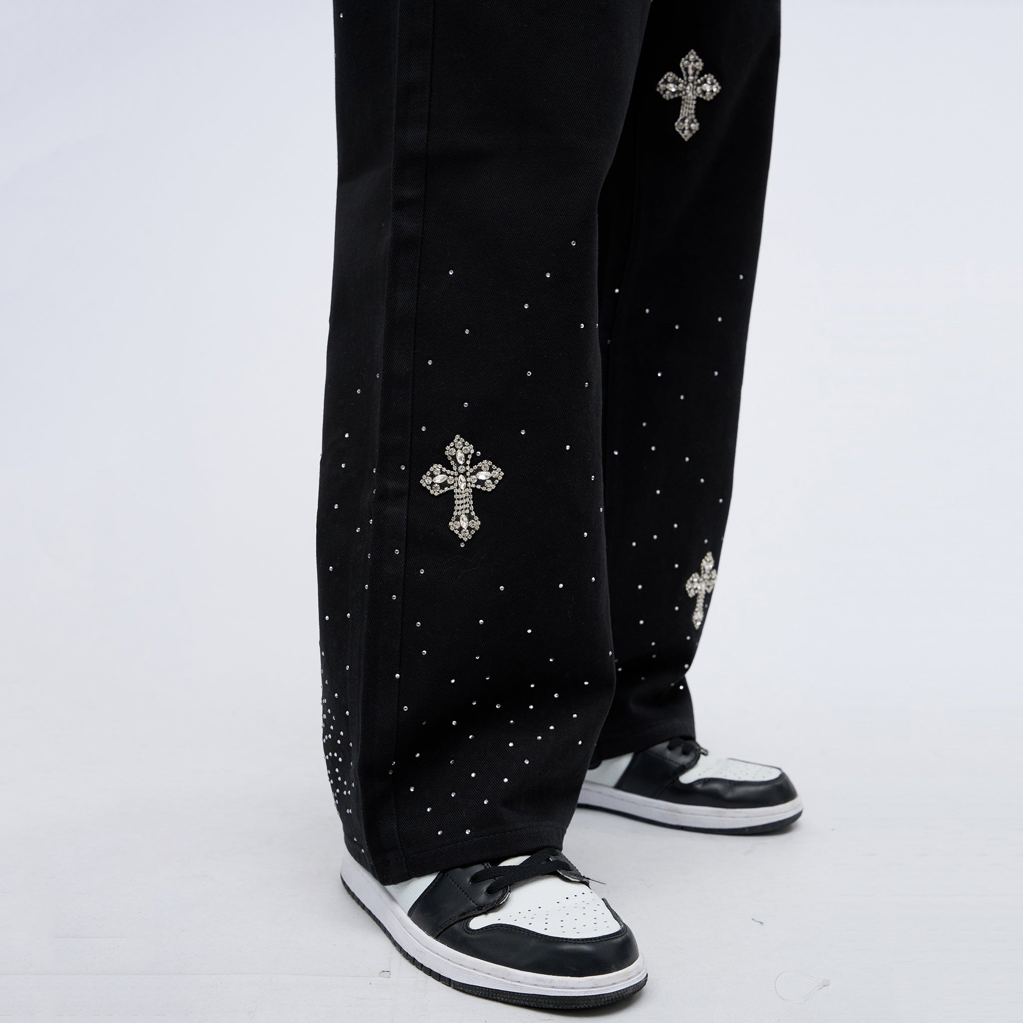 Cross Rhinestones Fit Denim Baggy Jeans