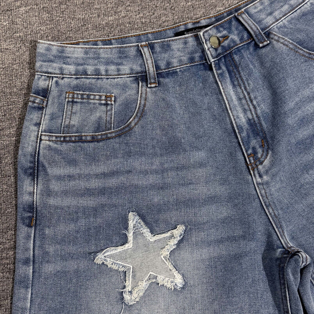 Streetwear Washed Distressed Star Appliqué Denim Jorts