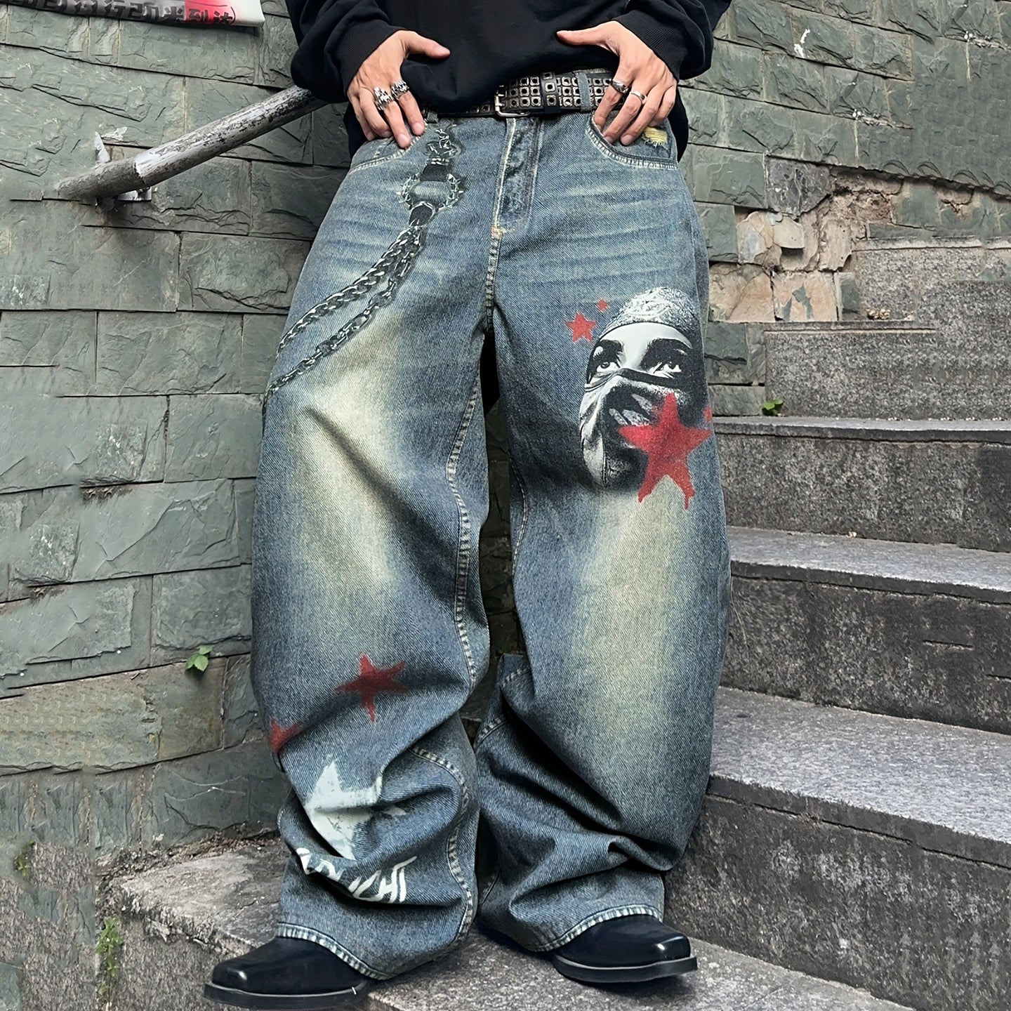 Men's Wide-leg Jeans With Star Chain Print
