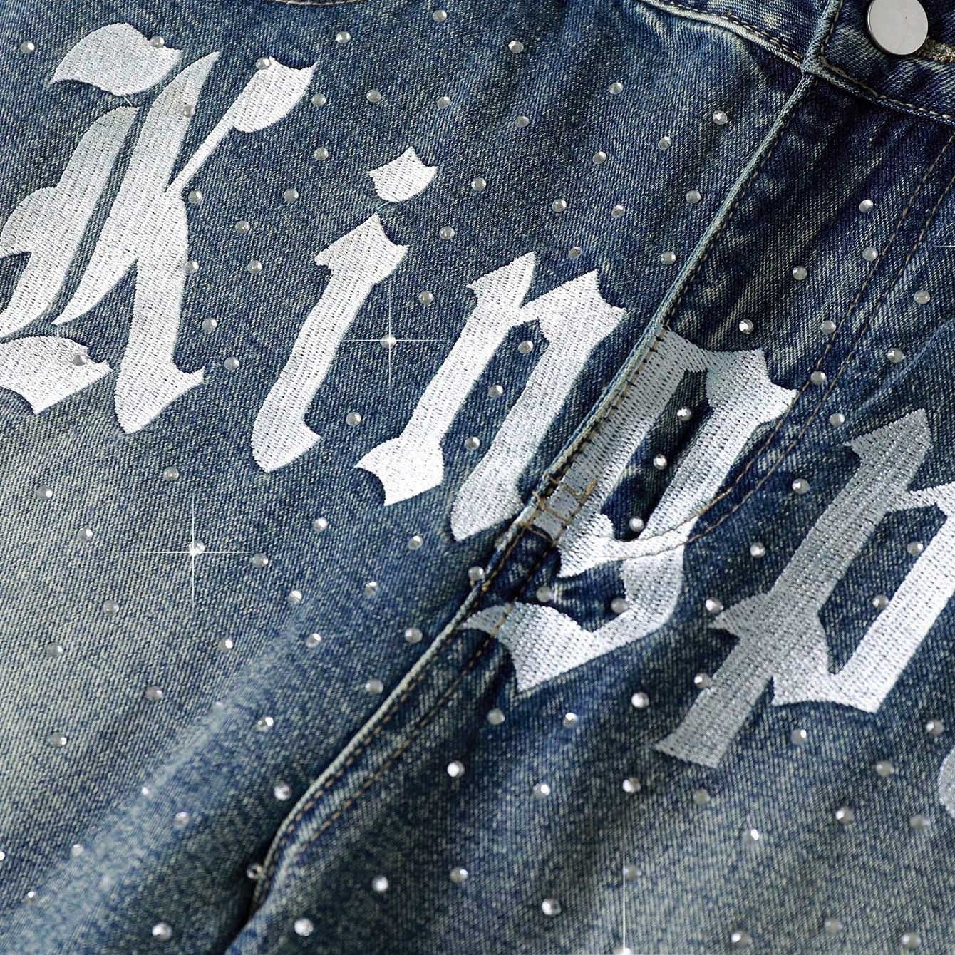 Y2k Trendy Letter Rhinestone Loose Denim Shorts