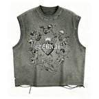 Retro Hip-hop Angel Heart Pattern Frayed Vest Tank Top