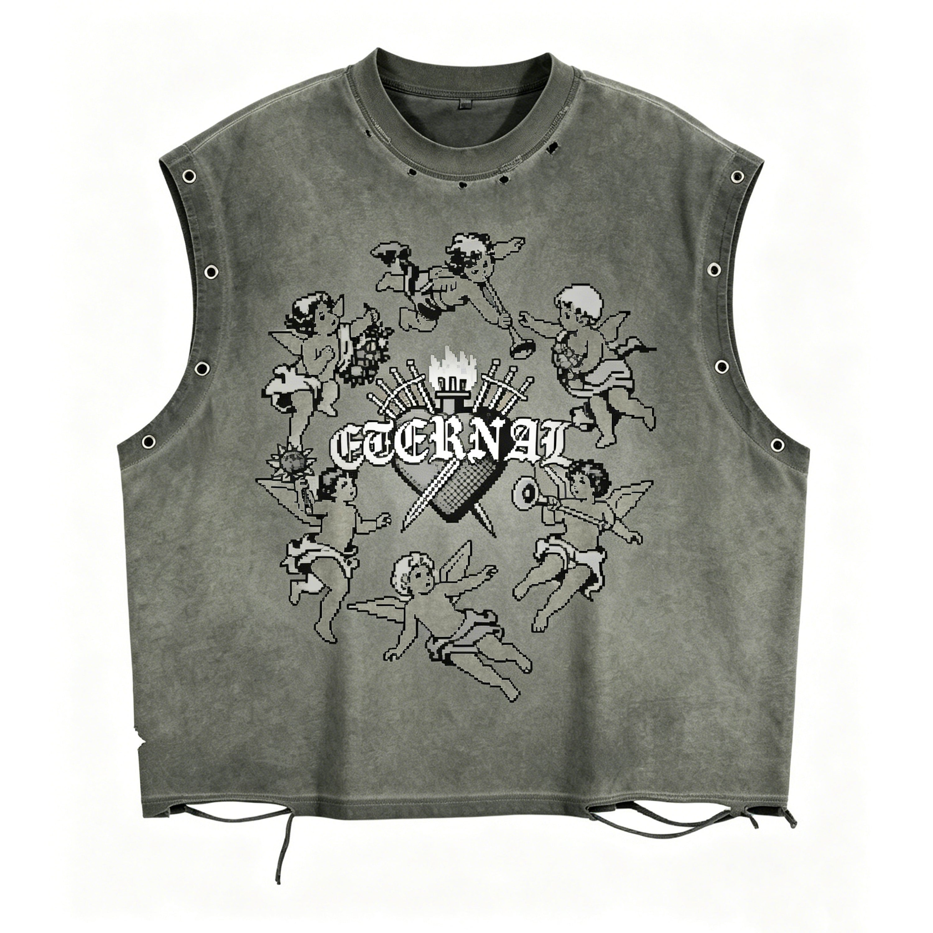 Retro Hip-hop Angel Heart Pattern Frayed Vest Tank Top