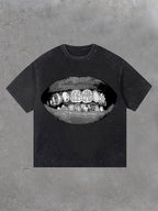 Mens Retro Casual Personalized Lip Print Acid Washed Short Sleeve T-Shirt