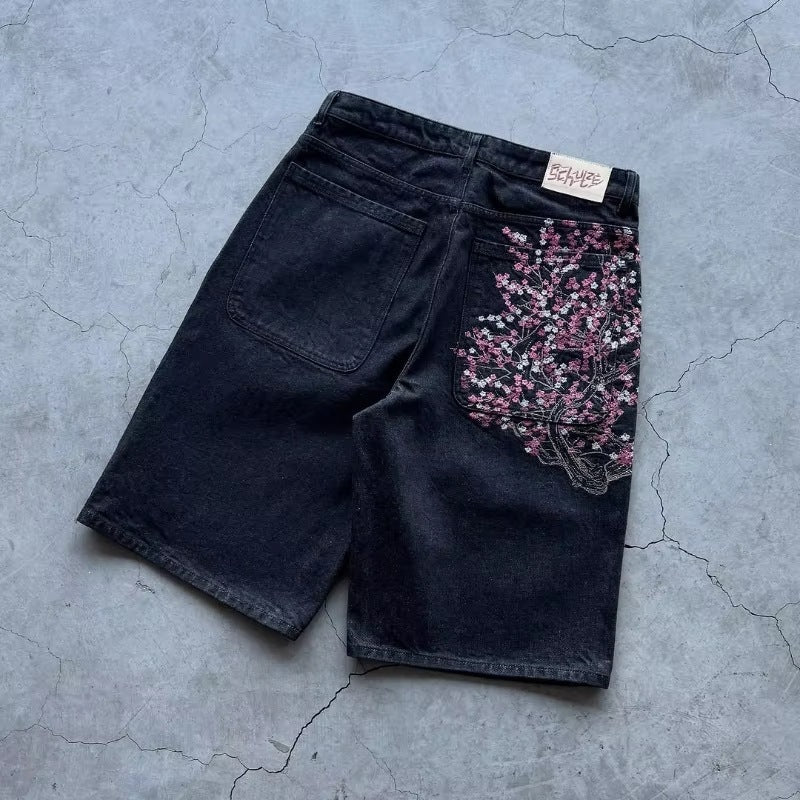 Men's Retro Plum Blossom Embroidered Loose Denim Jorts