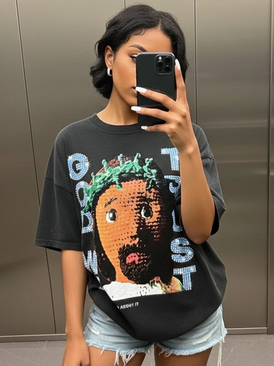 Diamond God We Trust Cartoon Jesus Portrait Graphic Cotton T-shirt
