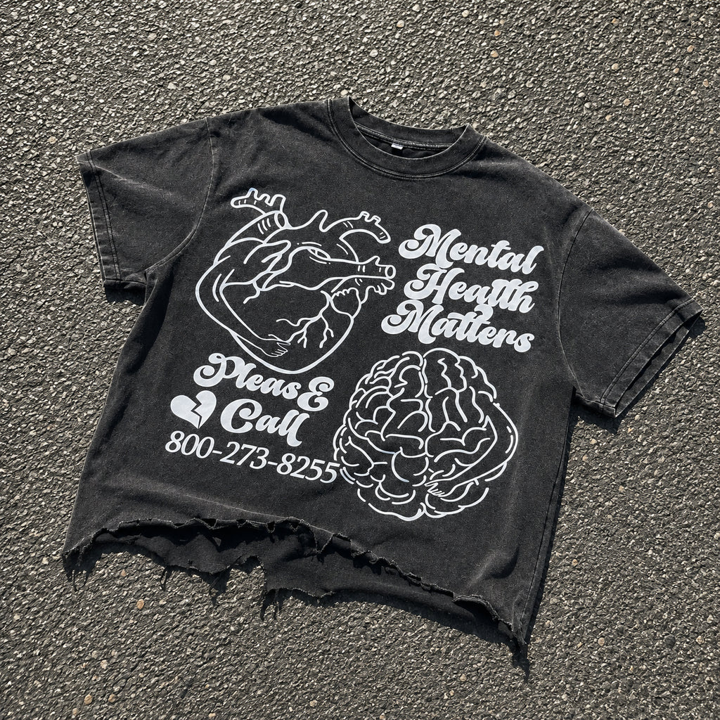 Mental Health Matters Brain Heart Graphic Ripped T-shirt
