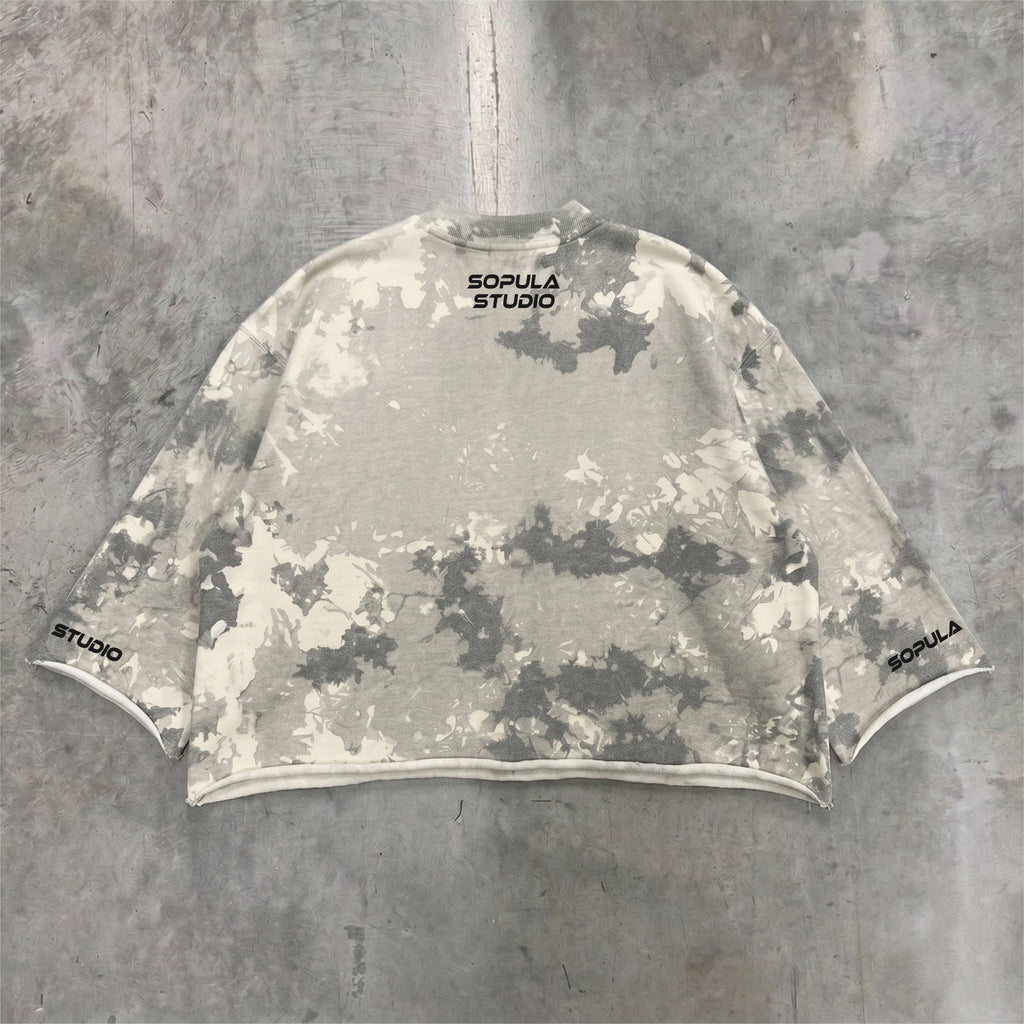 Camouflage Marble Texture Graphic Boxy Crop Crimped Edge T-shirt