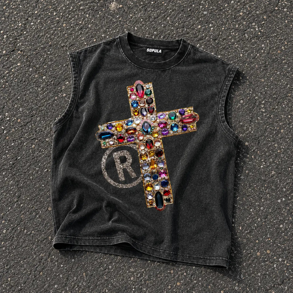 Diamond Cross Graphic Casual Acid Washed Tank Top