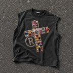 Diamond Cross Graphic Casual Acid Washed Tank Top