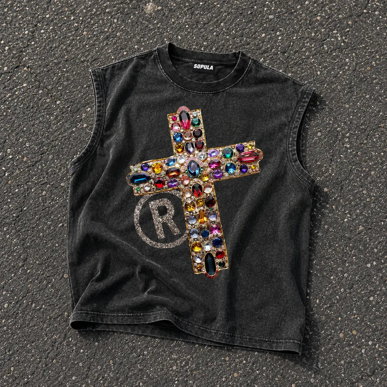 Diamond Cross Graphic Casual Acid Washed Tank Top