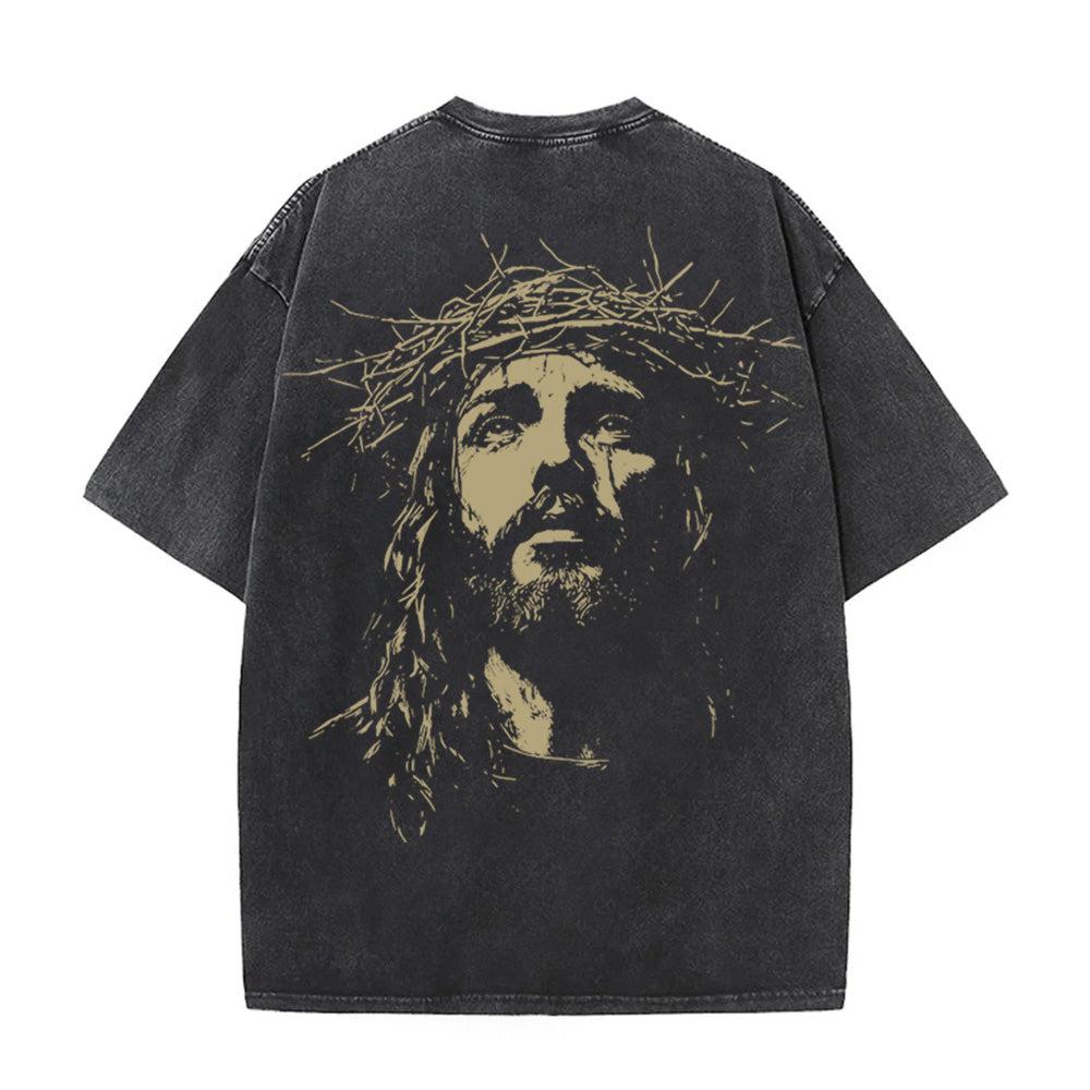 Jesus With Crown Of Thorns Graphic Acid Washed T-shirt