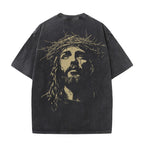 Jesus With Crown Of Thorns Graphic Acid Washed T-shirt