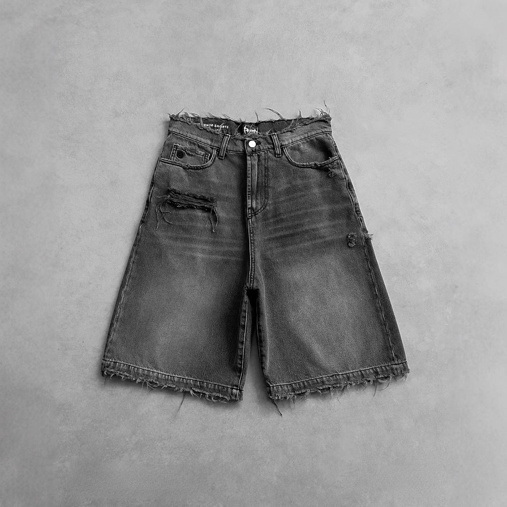 Men's Gothic Punk Washed Ripped Denim Shorts Jorts