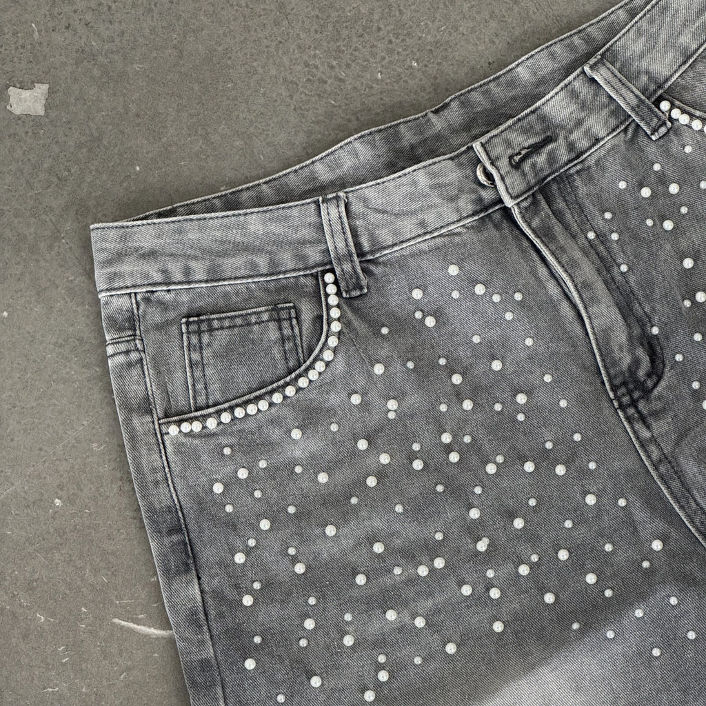 Y2k Trendy Letter Rhinestone Loose Denim Shorts