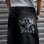 Men's Retro Madonna Embroidered Baggy Scimitar Washed Jeans