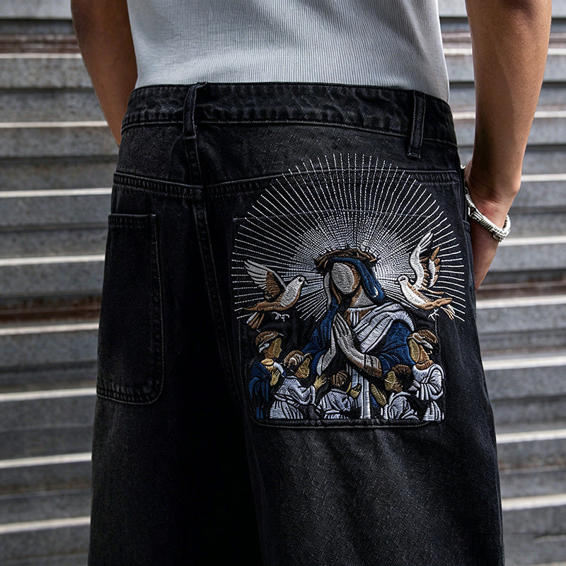 Men's Retro Madonna Embroidered Baggy Scimitar Washed Jeans