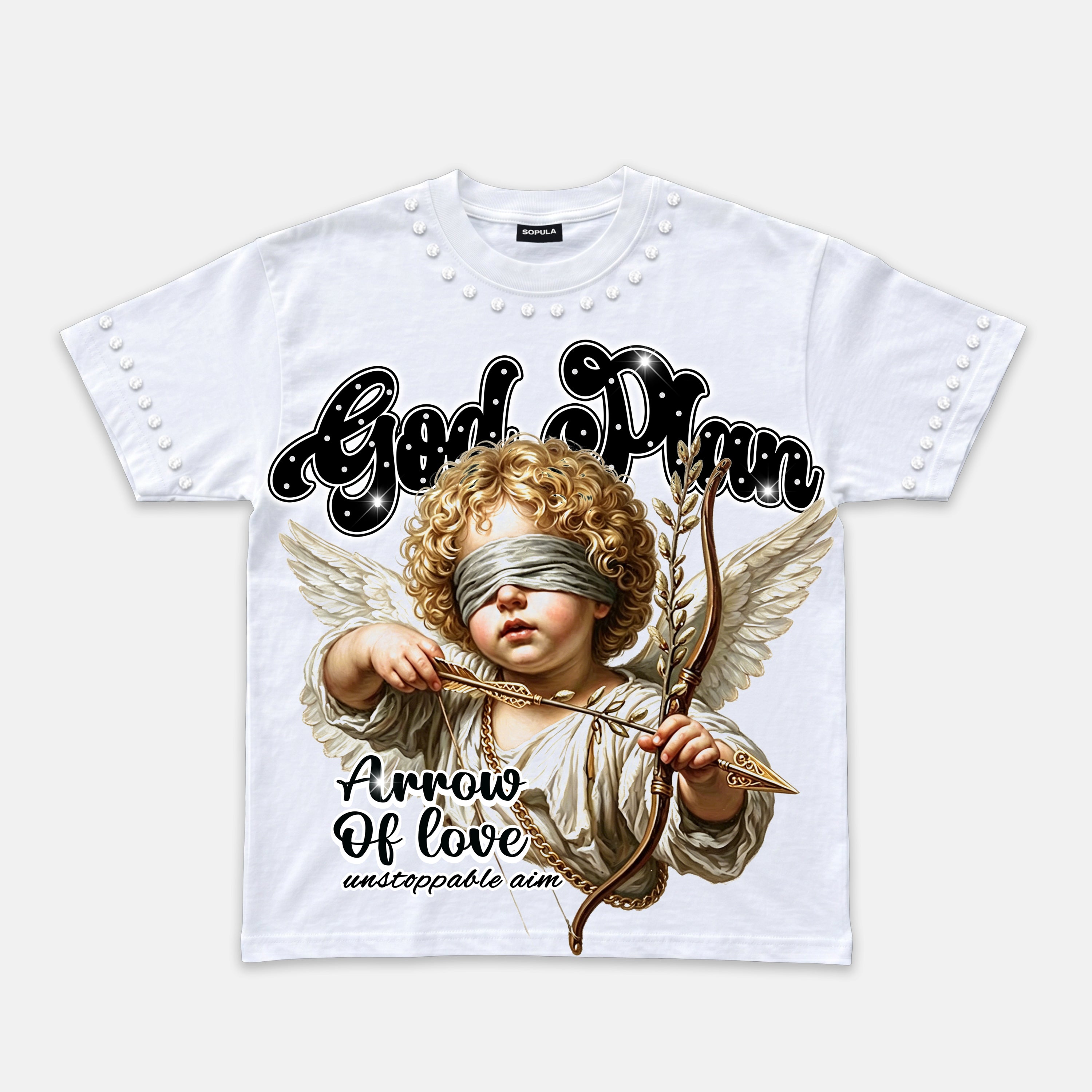 Retro God's Plan Angel Cupid Graphic Rhinestone T-shirt