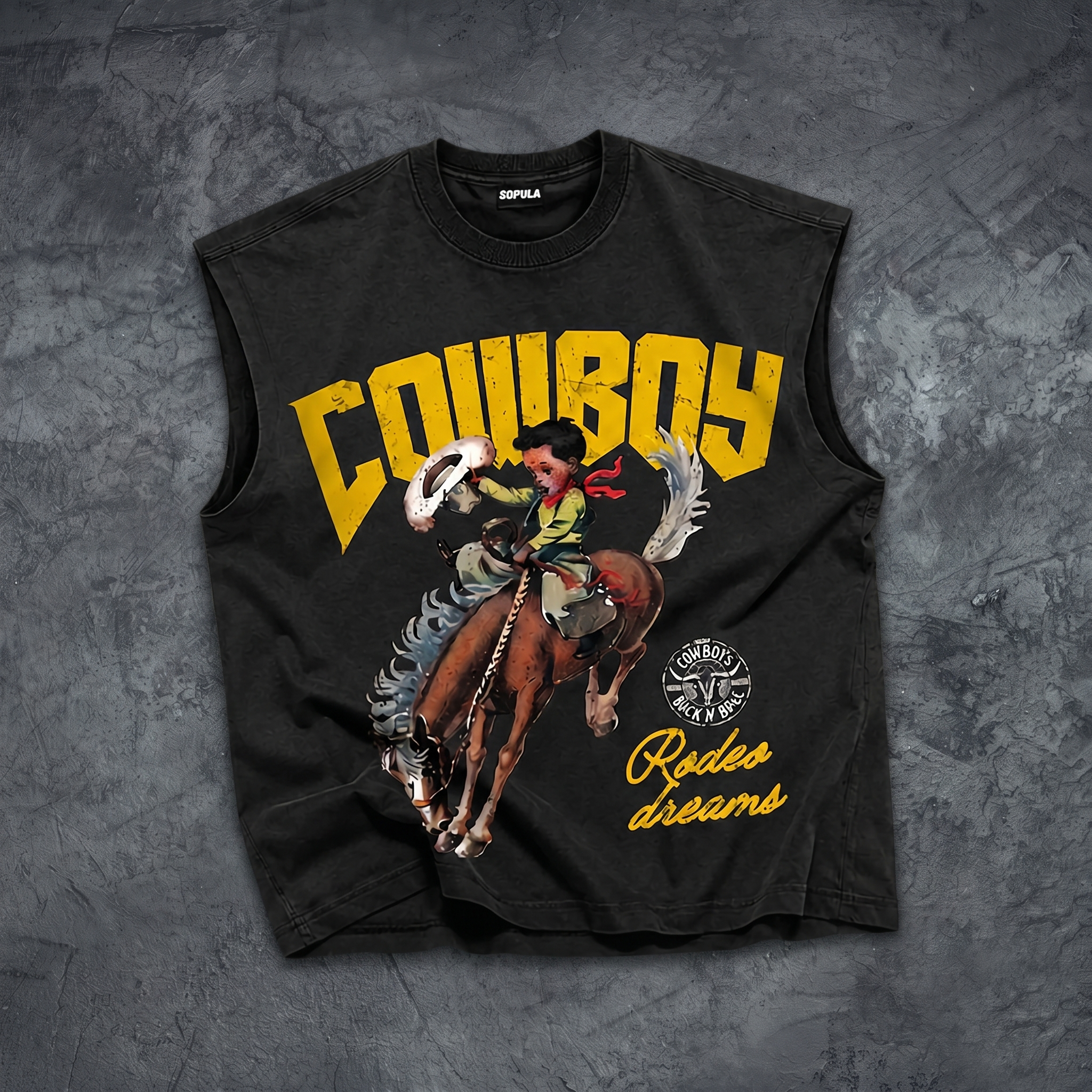 Cowboy Rodeo Dreams Tank Top & Letter Embroidered Denim Shorts Set