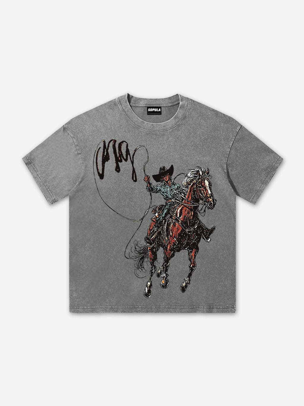 Men's Vintage Western Cowboy Graphic Acid Wash T-shirt