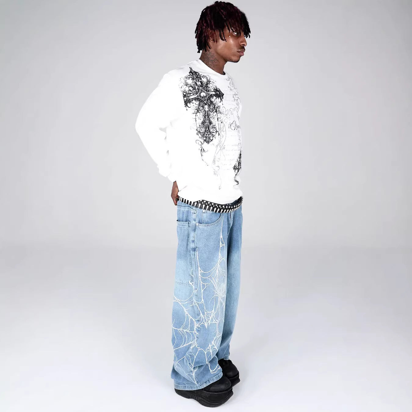Gothic Cross Loose Waffle Long-sleeve T-shirt