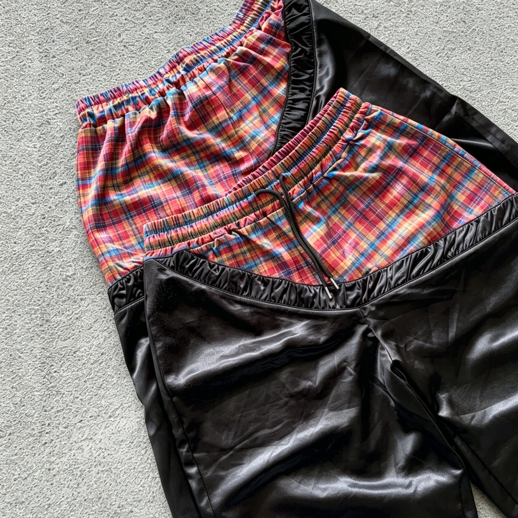 Fashionable Plaid Color-blocked Drawstring Casual Shorts