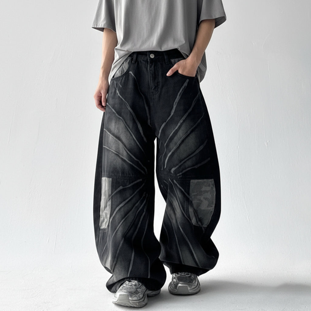 Streetwear Lightning Camo Washed Blade Baggy Jeans