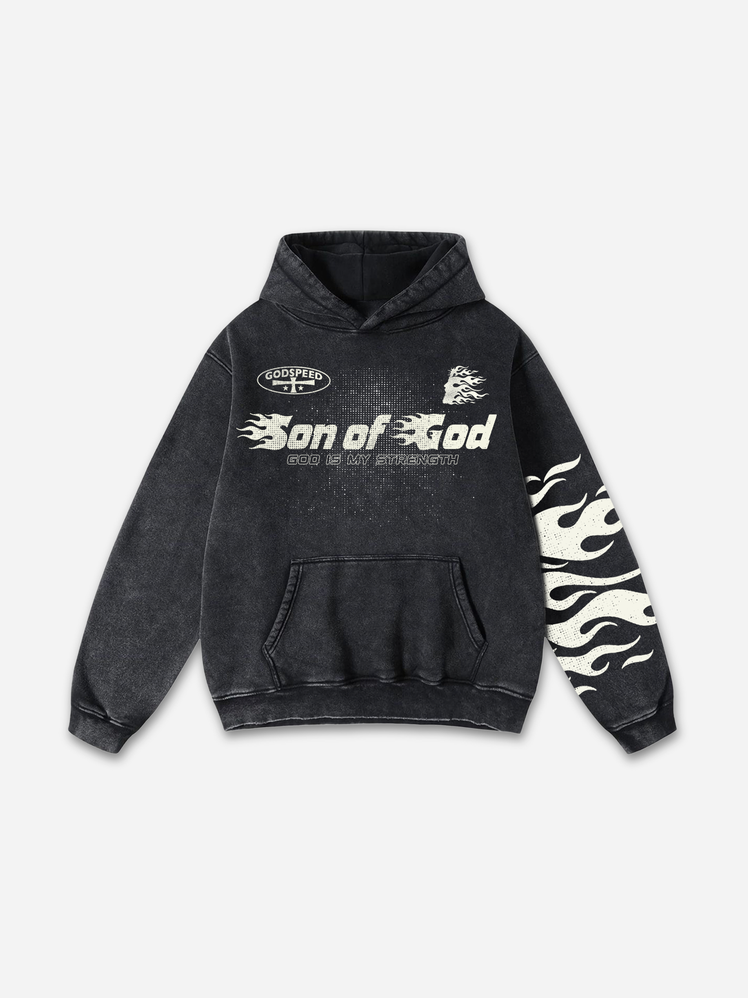 Son Of God Flame Jesus Silhouette Network Graphic Acid Washed Oversized Hoodie