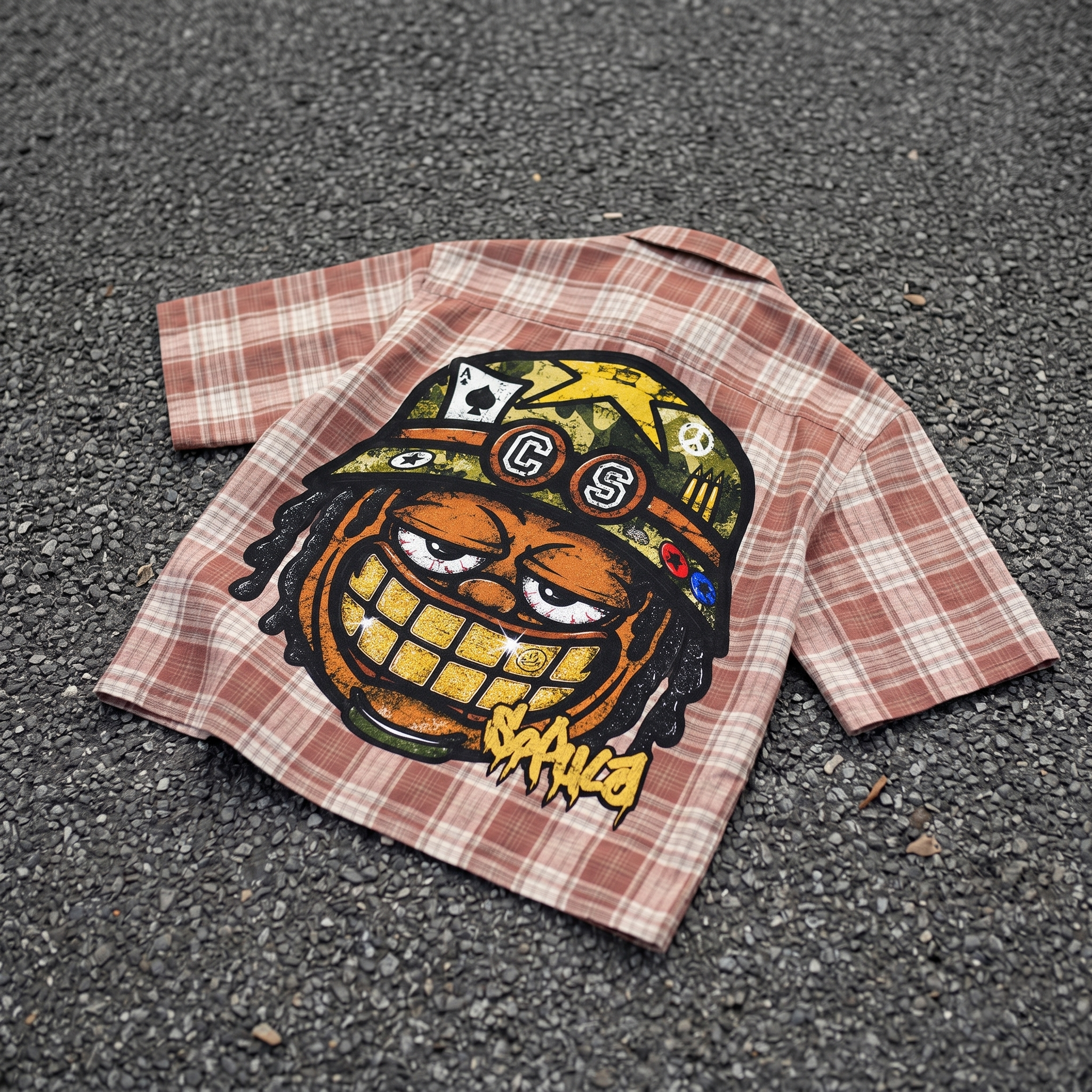 Graffiti Big Head Warrior Graphic Plaid Jacket Shirt