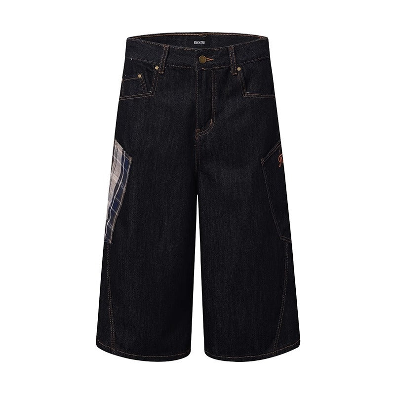 Streetwear Plaid Patchwork Loose Denim Shorts