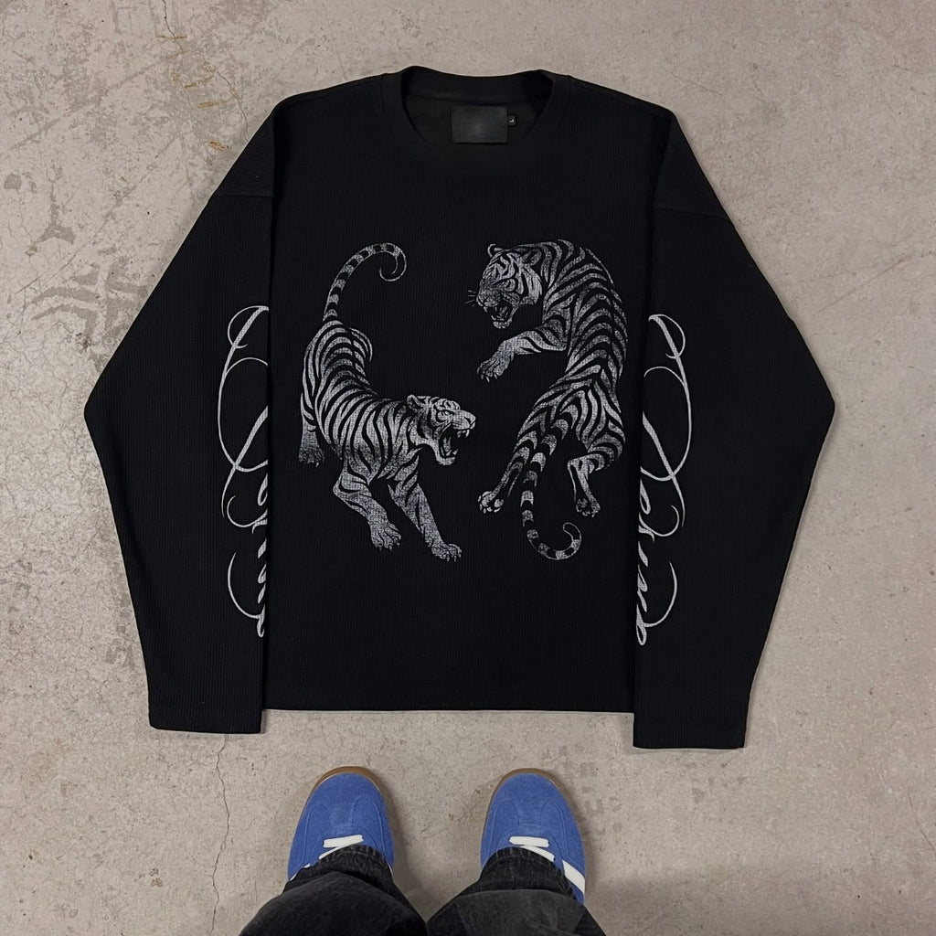 Retro Japanese Style Tiger Y2k Gothic Print Long-sleeved T-shirt