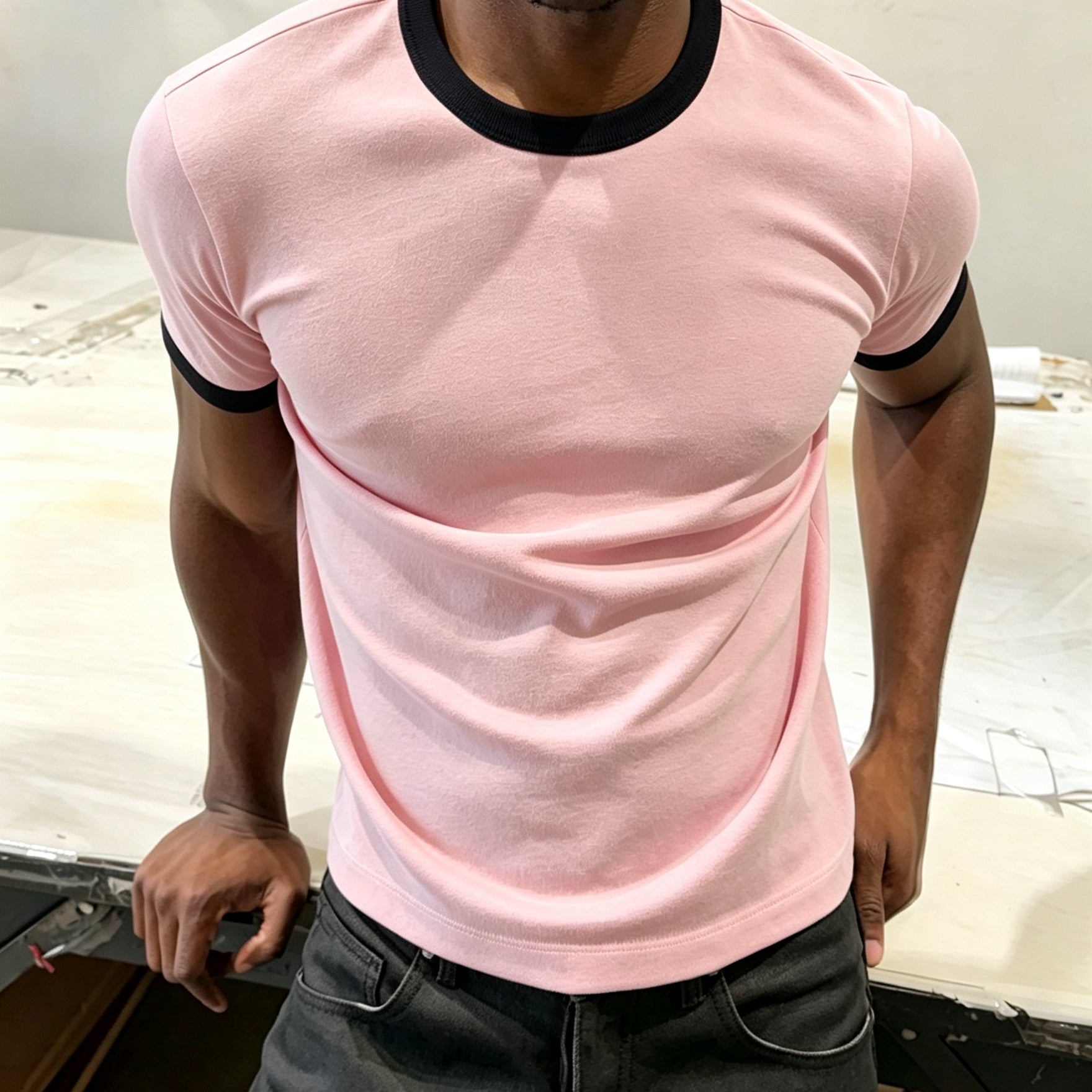 Contrasting Color-blocked Pure Cotton Crew Neck  Tee