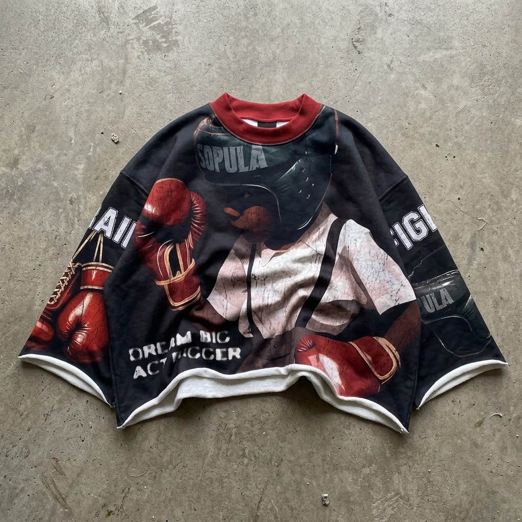 Boxing Boy Vintage Graphic Boxy Crop Crimped Edge T-shirt