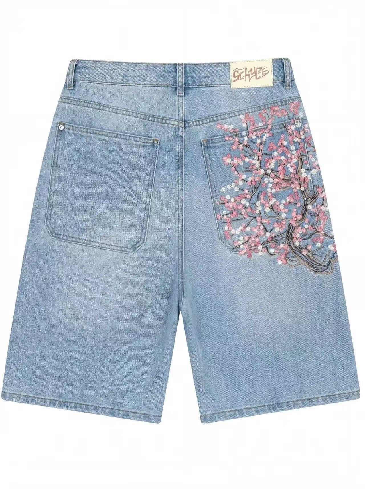 Men's Retro Plum Blossom Embroidered Loose Denim Jorts