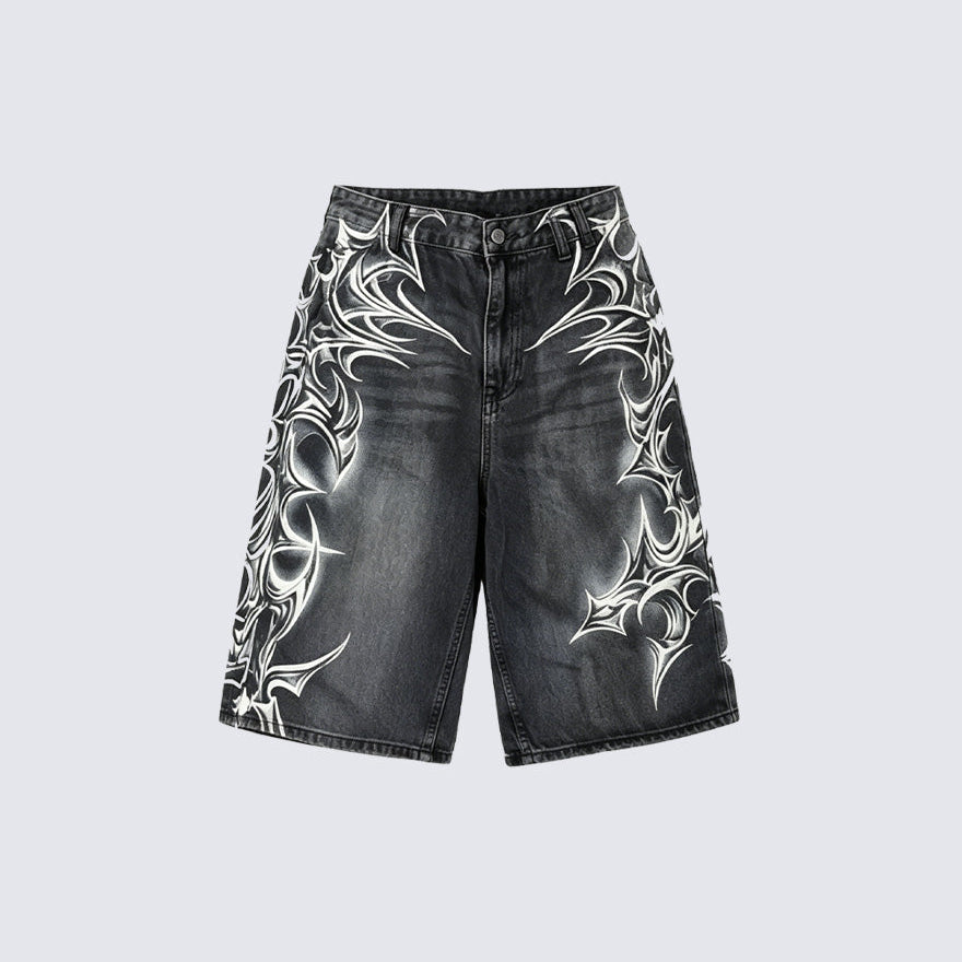 American Vintage Washed Tribal Print Denim Shorts