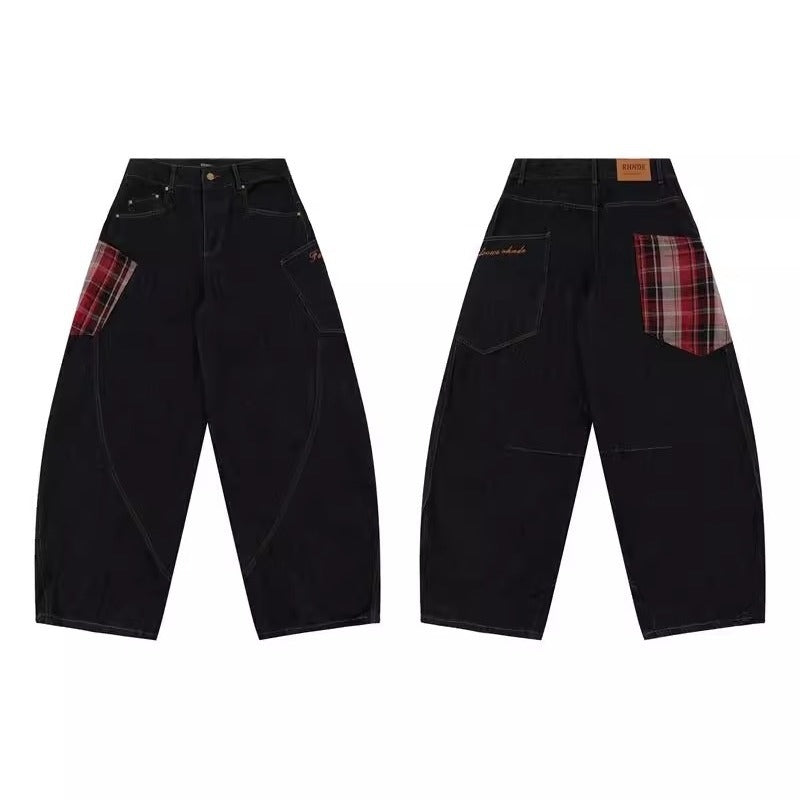 Men's Fashionable Plaid Patchwork Curved Jeans