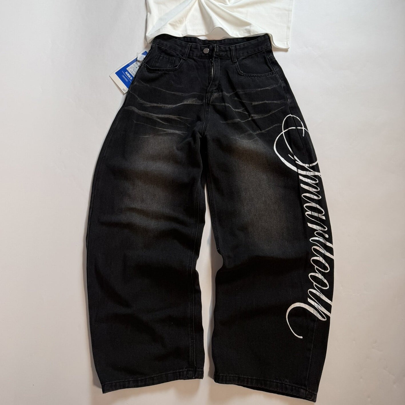 Retro Letter High Street Scimitar Stitching Wide  Jeans