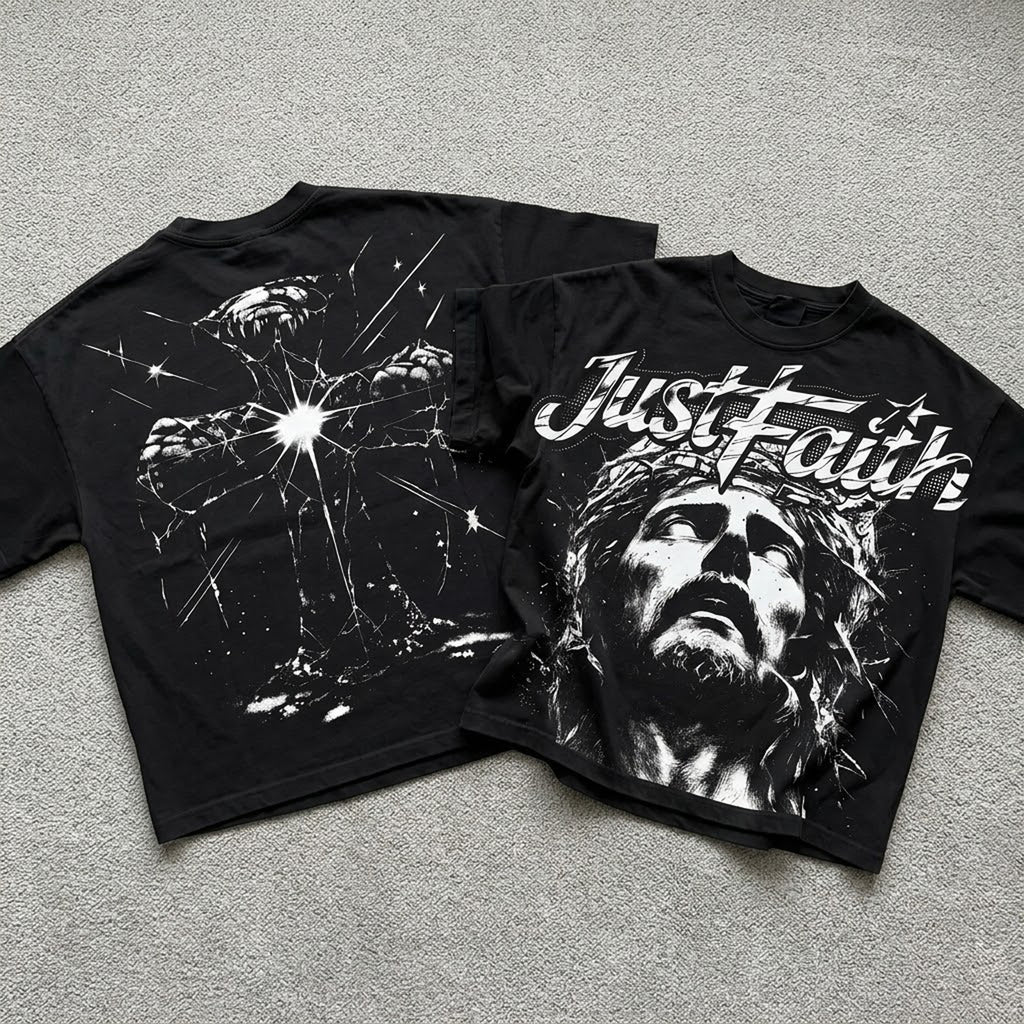 Portrait Of Jesus Just Faith Vintage Graphic Cotton T-shirt