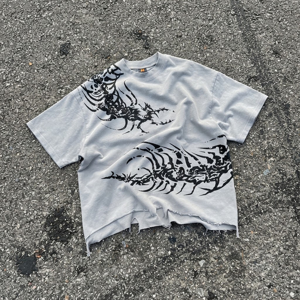 Y2k Dark Centipede Print Graphic Crop Ripped T-shirt