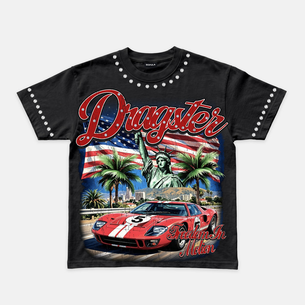American Retro Racing Cars Graphic Rhinestone T-shirt