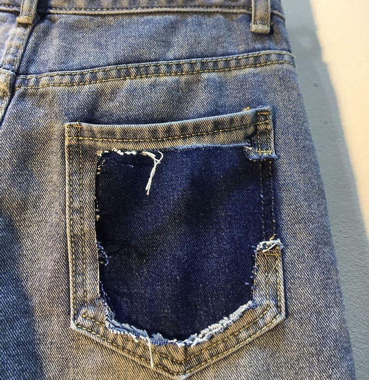 Streetwear Fashion Ripped Crystal Loose Shorts Jorts