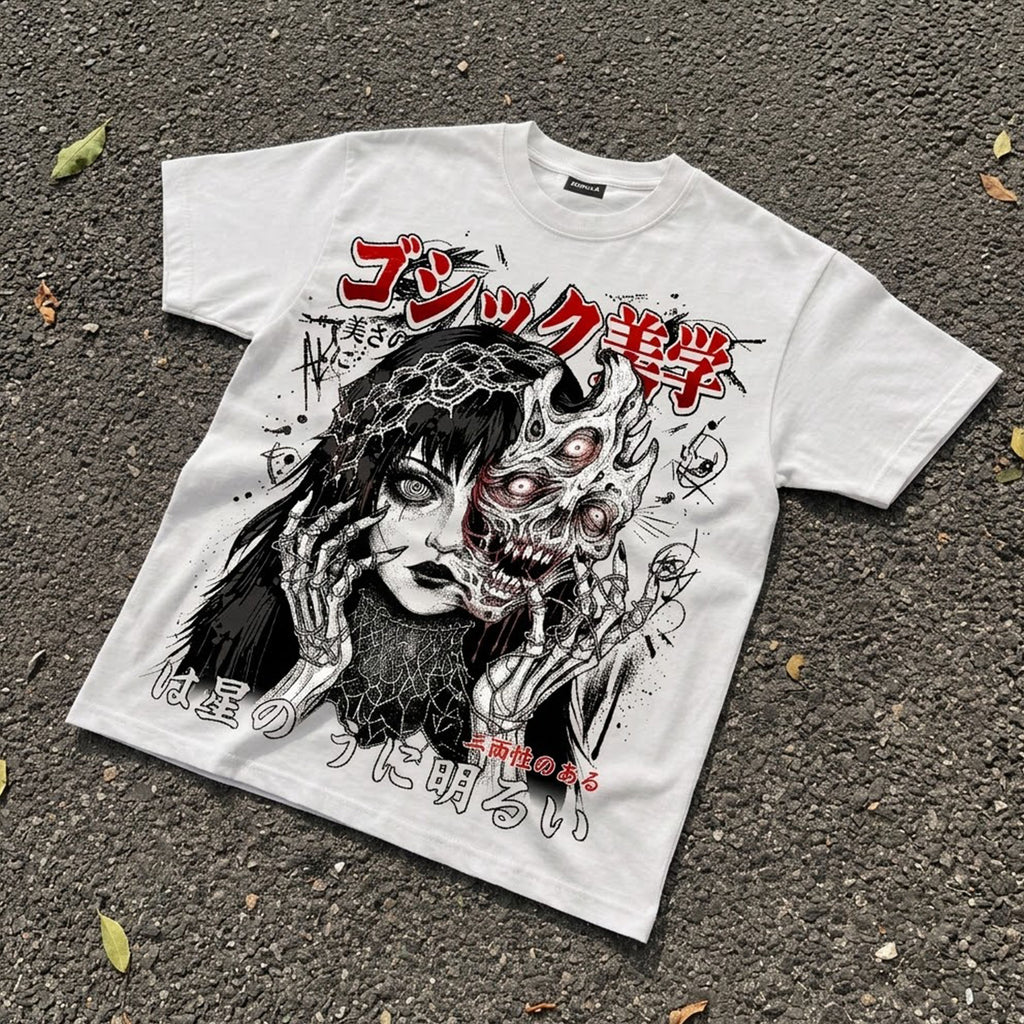 Japanese Gothic Double Sided Skull Girl Graphic T-shirt
