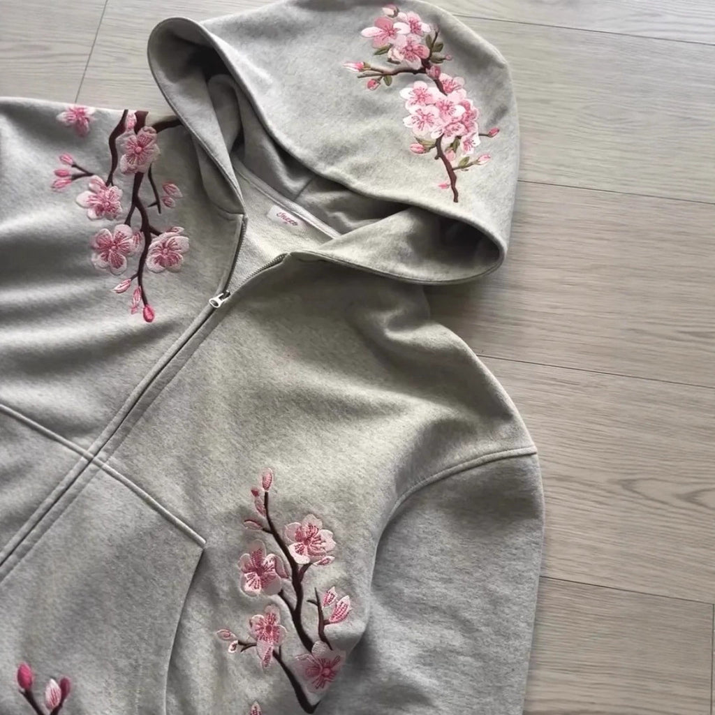 Harajuku Retro Cherry Blossom Embroidery Personalized Zipper Hoodie
