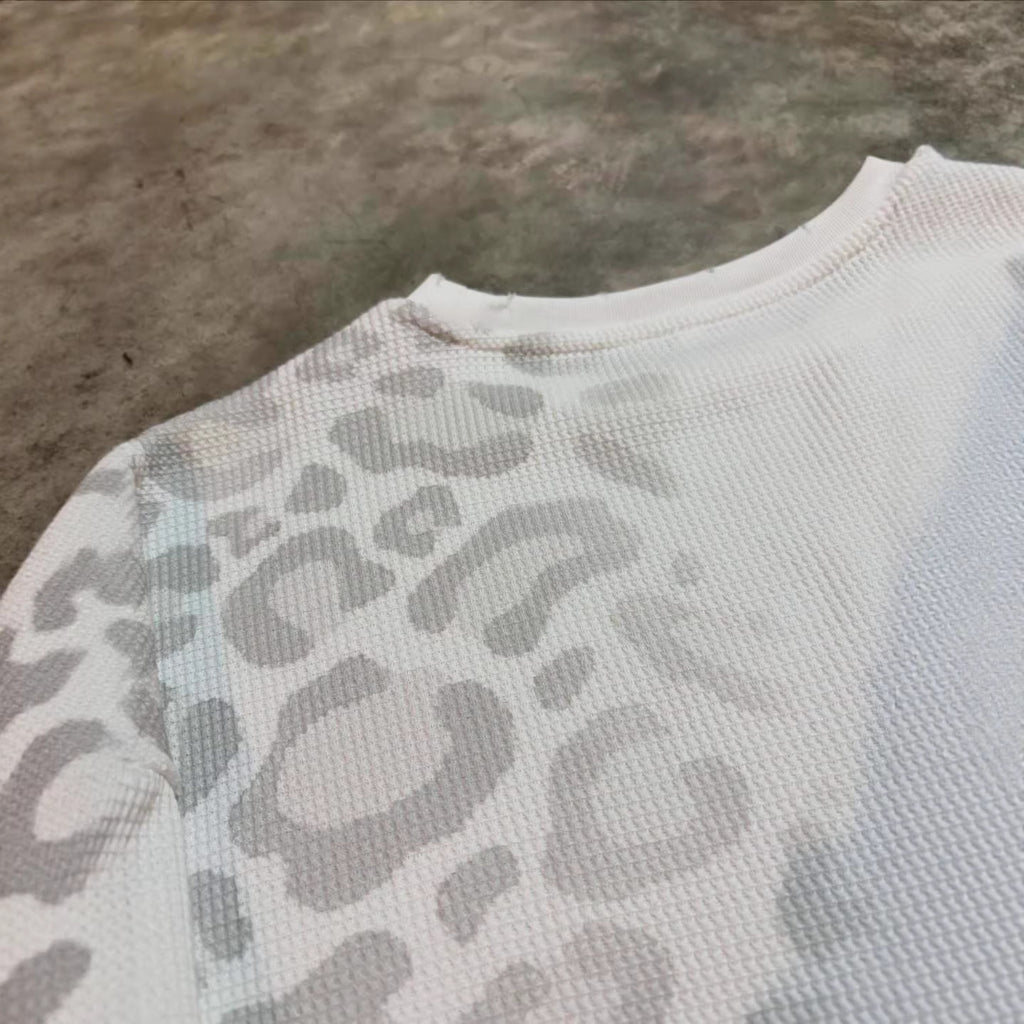 Leopard Print Letter Waffle Print Long-sleeved T-shirt