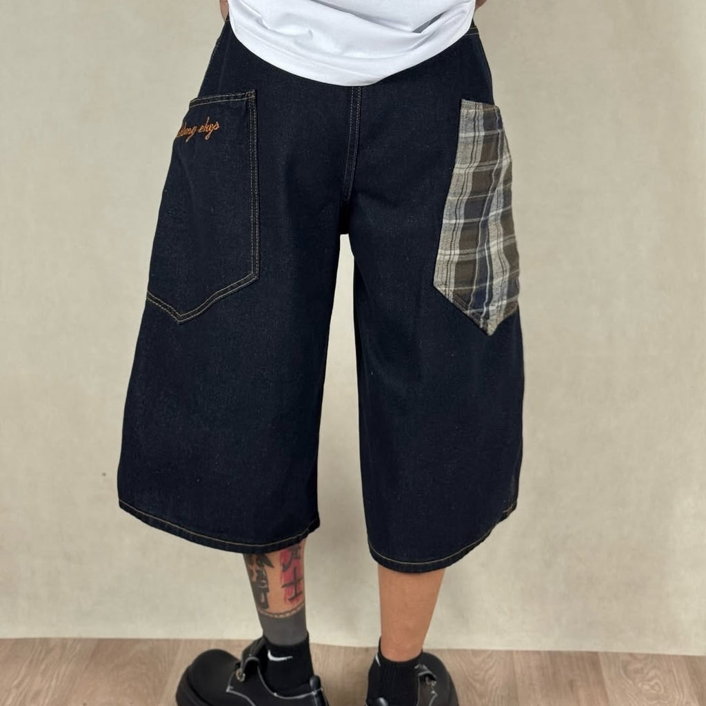 Streetwear Plaid Patchwork Loose Denim Shorts