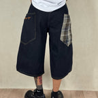 Streetwear Plaid Patchwork Loose Denim Shorts