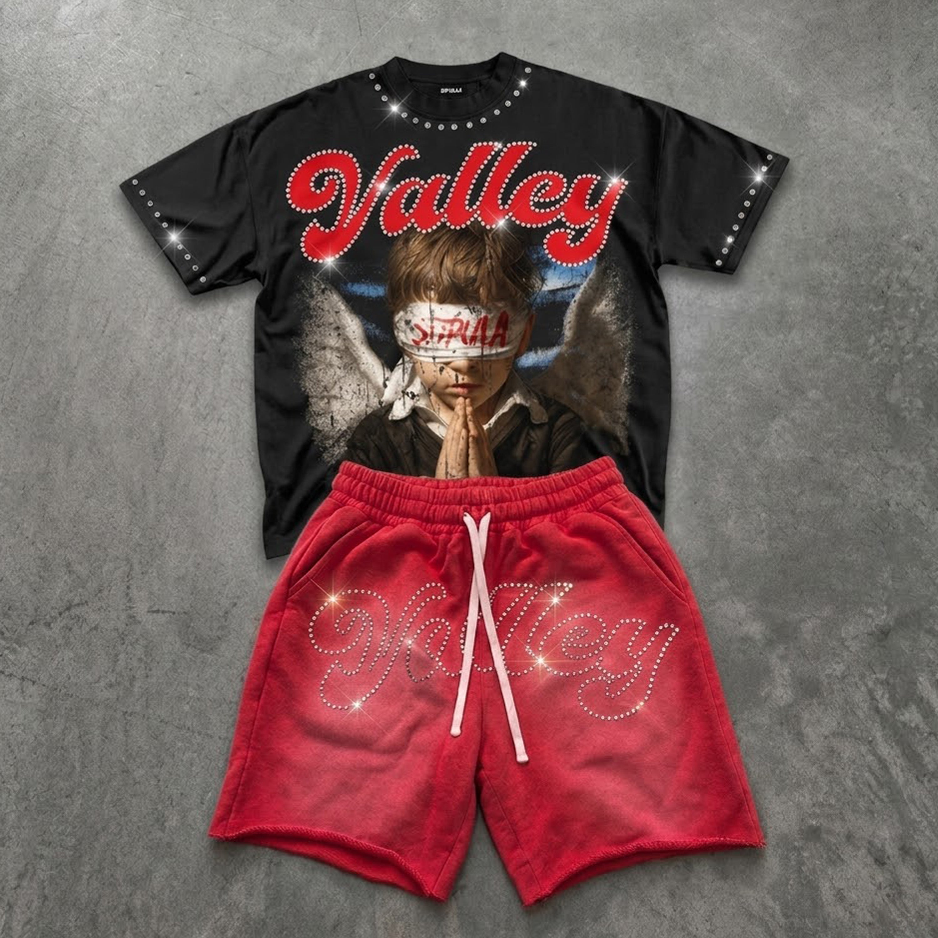 Valley Prayer Angel Rhinestone Embellishment Slogan T-shirt And Shorts Sets
