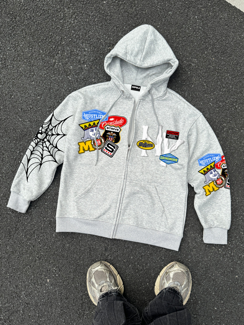 Street Ny Vintage Badge Spider Web Graphic Zip-up Hoodie