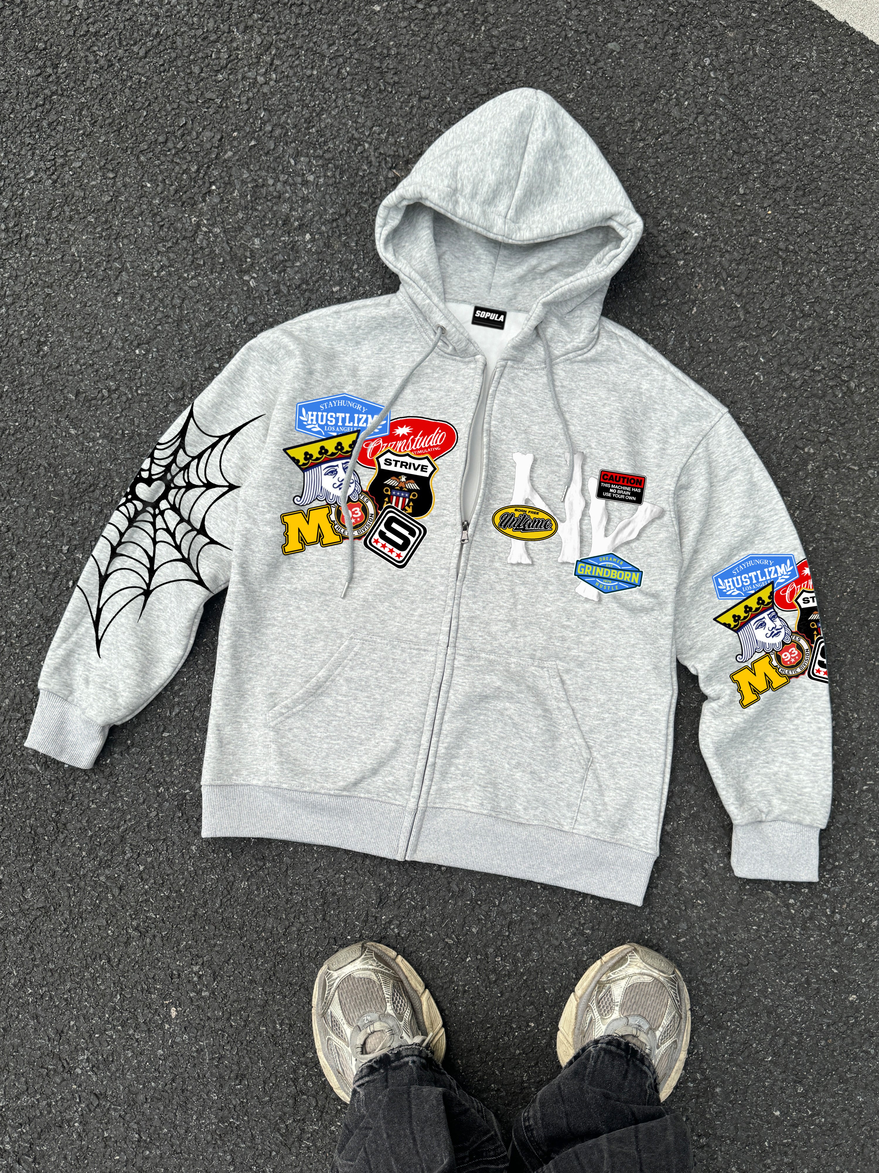 Street Ny Vintage Badge Spider Web Graphic Zip-up Hoodie