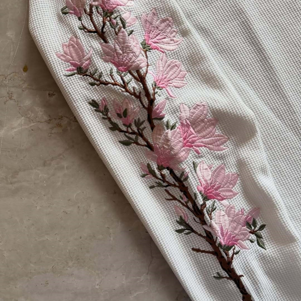 Waffle Japanese Floral Embroidered Long-sleeved T-shirt