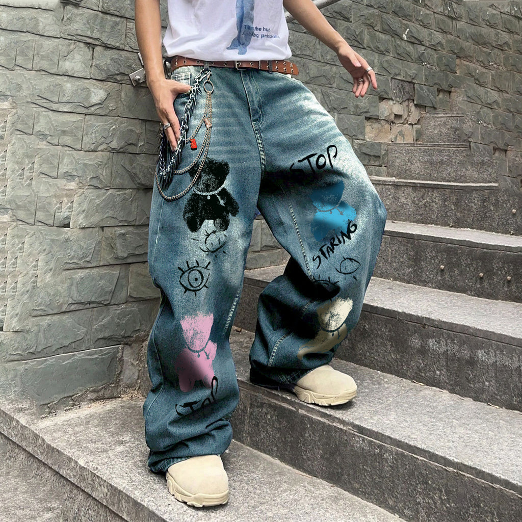 Men's Fashion Y2k Retro Japanese Dragon Pattern  Baggy Jeans